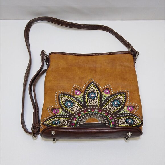 Montana West PU Leather Crossbody Bag Adjustable Stud Rhinestone Embroidered VTG - Picture 1 of 16